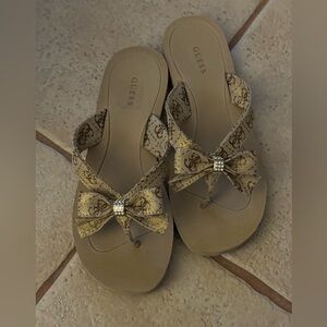 Guess Women's Gold and Tan Sandals with Rhinestone Bow